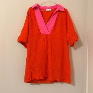 THML Red Tunic dress with Pink V-Neck Collar